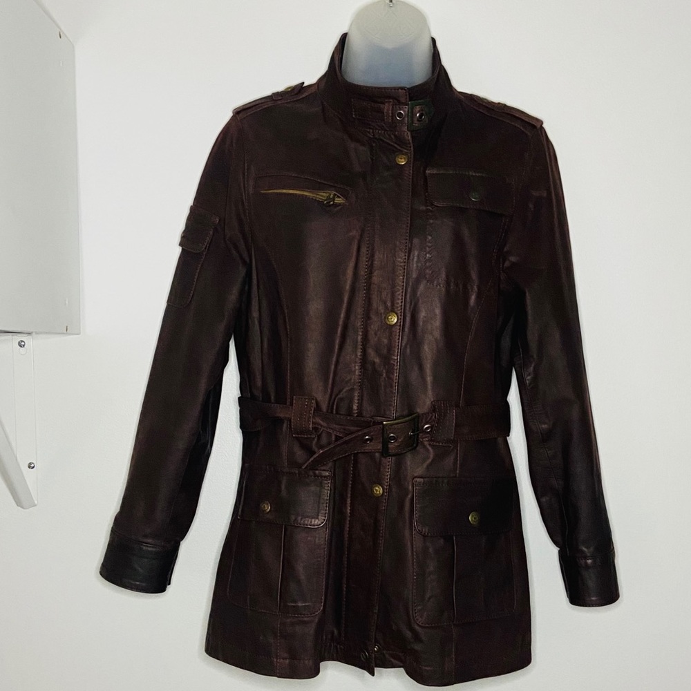 Vintage Women Brown Genuine Leather Jacket Gold Button Zipper Belted XS/Small